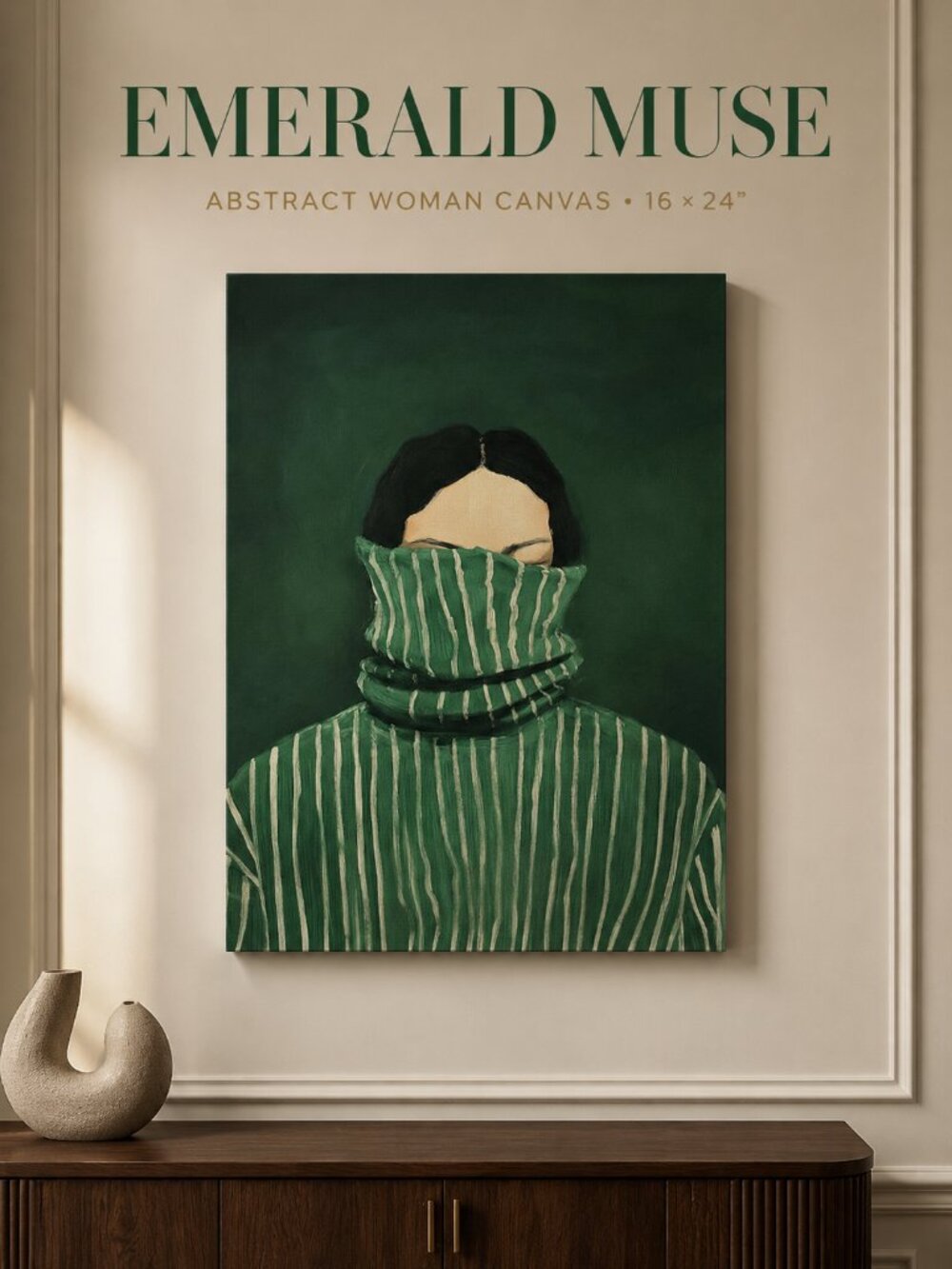 Emerald Green Abstract Woman Canvas Wall Art 16x24 Japandi Portrait